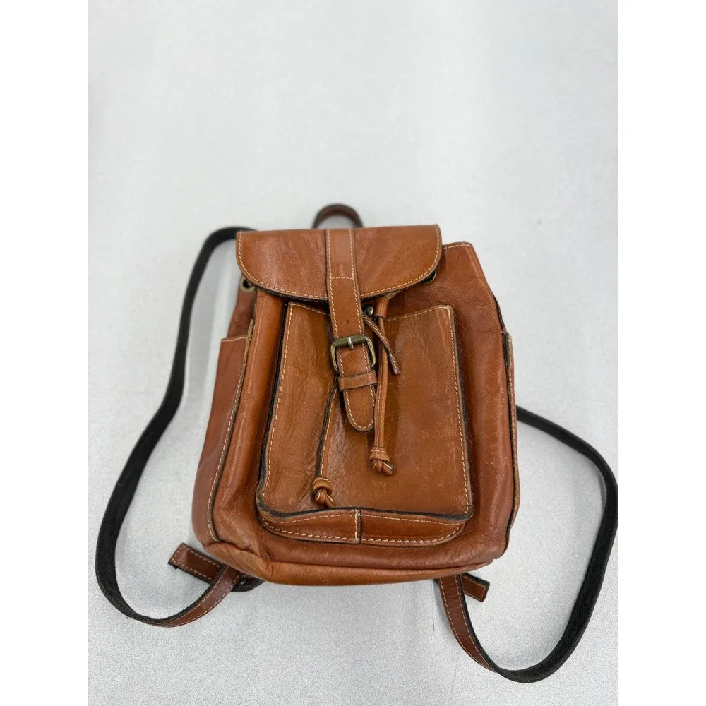 Patricia Nash Cognac Leather Mini Backpack Drawstring Buckle Brown